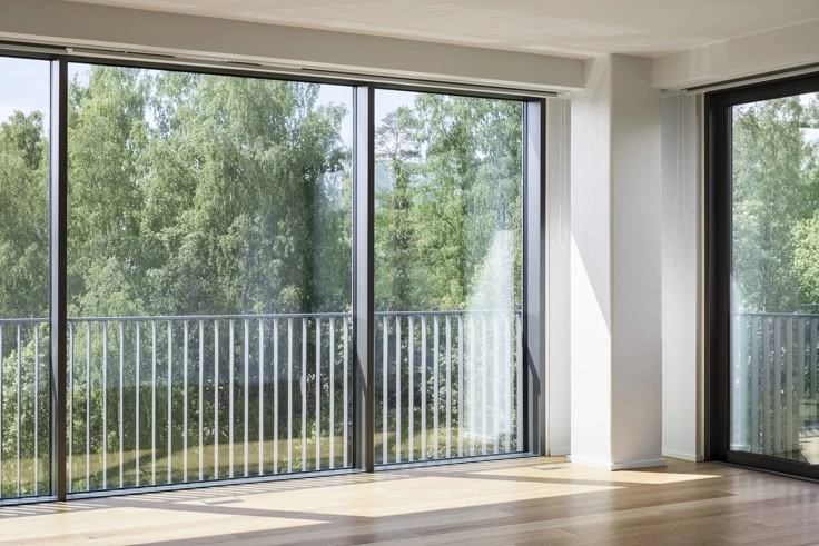 A high-quality wide shot of a luxury balcony door in Ocean Village or Sotogrande overlooking the sea.